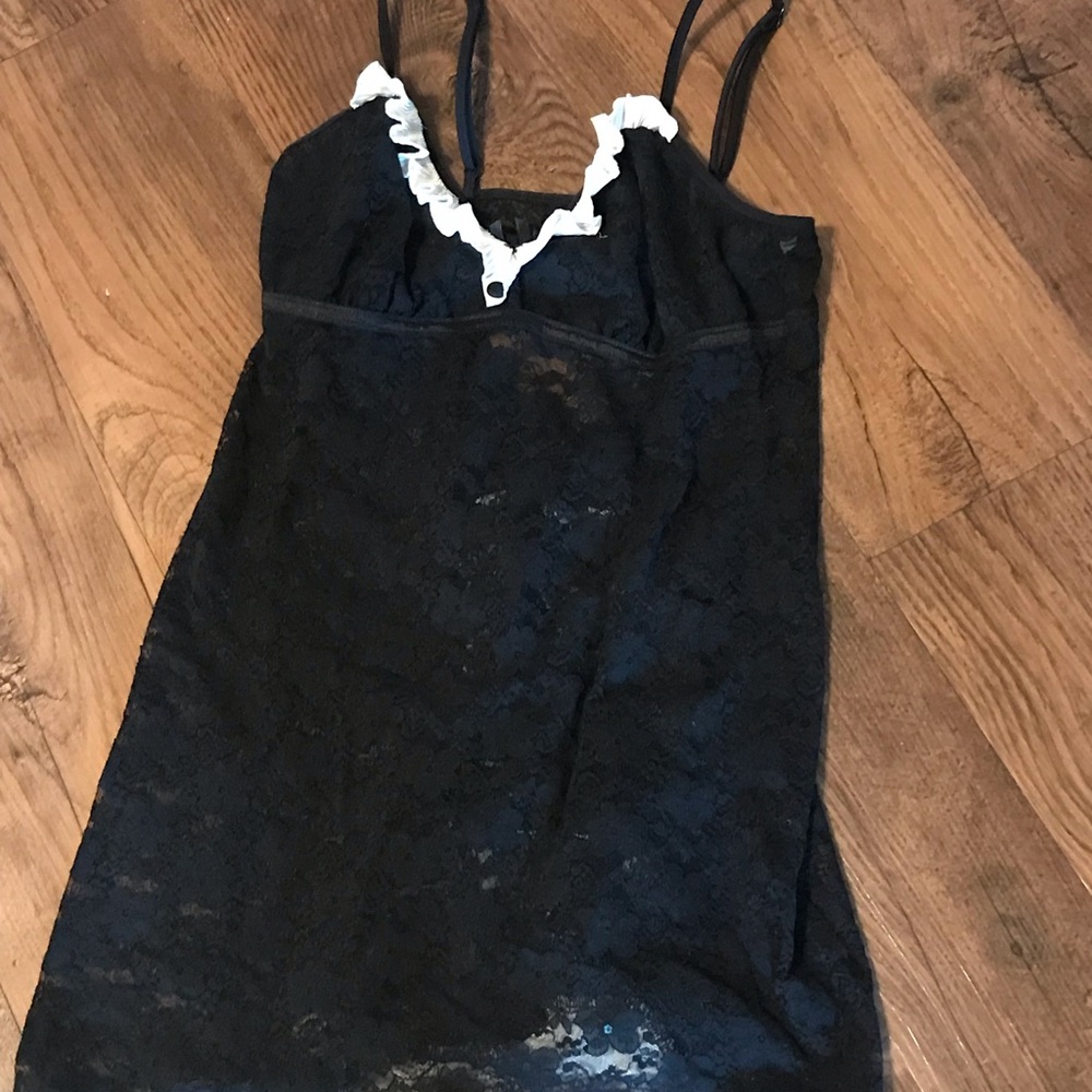 Sexy lingerie Small Black Lace Slip Dress with White Ruffle Trim in bloom